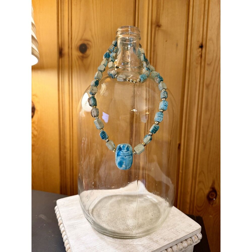 Vintage Egyptian Revival Faience Scarab Necklace Turquoise Ceramic Pendant